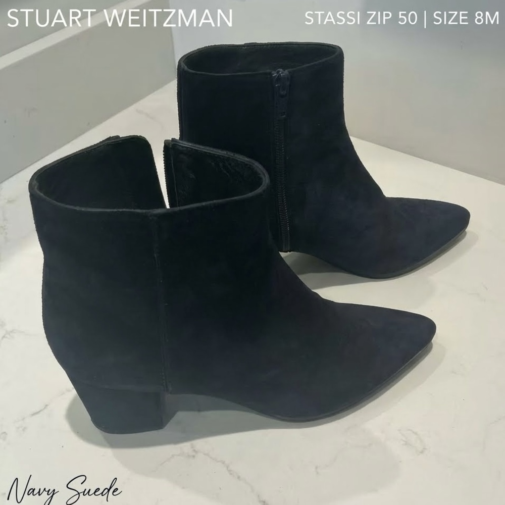 Stuart Weitzman Stassi Zip 50 Navy Suede Pointed Ankle Bootie Size 8 M